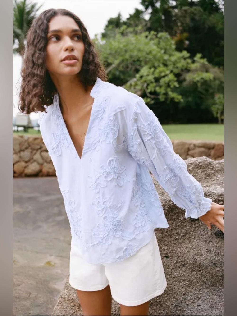 Zara Embroidered Floral Blue Stripe Blouse XS Cotton Boho - Picture 14 of 15